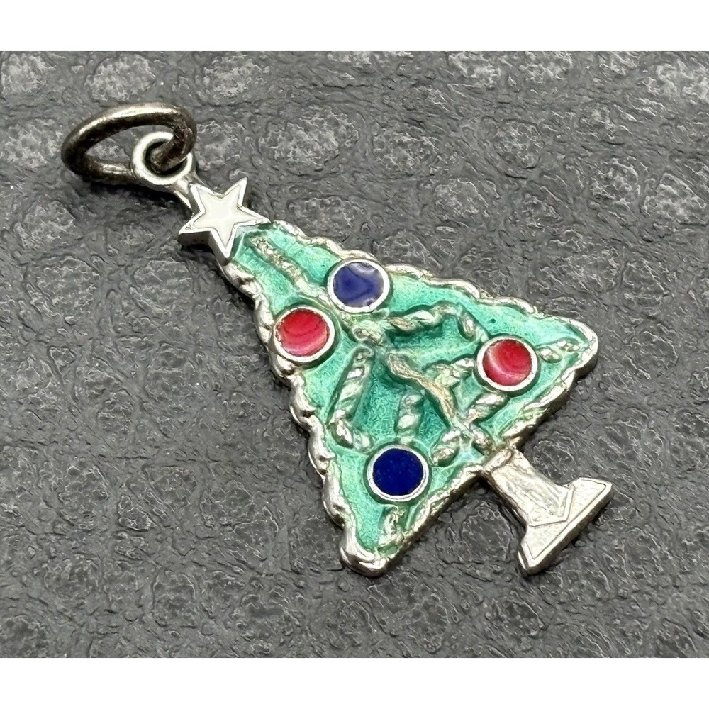 Vintage 925 Sterling Silver Green Enamel Christmas Tree Charm Pendant Red Blue